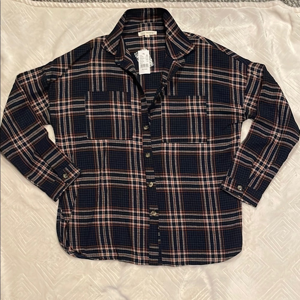 La Hearts Navy and Orange Plaid button down shirt
